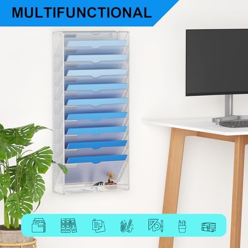 Hanging Wall File Organizer 10 Tier Wall Mounted File Holder Document Wall Organizer Magazine Organization for Office Home, Silver