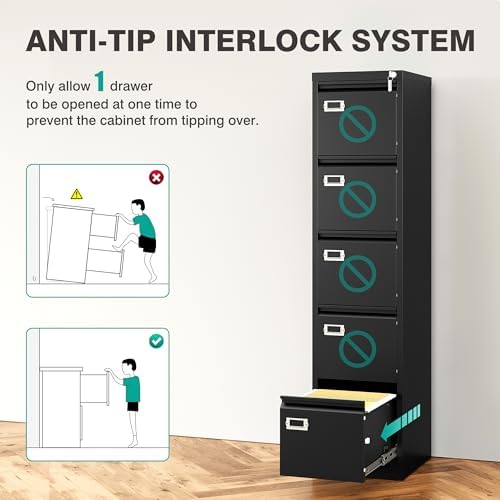 SISESOL 5 Drawer File Cabinet with Lock,Black Narrow Vertical File Cabinet Five Drawer,Tall Office Filing Cabinets,Metal Filing Cabinets for Home Office,Fit A4,Legal,Letter Size,-Assembly Required