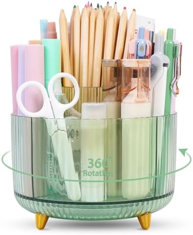 SKYDUE Rotating Pencil Pen Holder, Pen Organizer with 5 Slots - Aesthetic Desk Organizer and Accessories for School, Home, Office Supplies, Clear Green