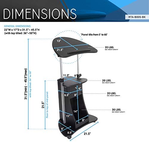 Techni Mobili Adjustable Height Rolling Laptop Cart with Storage, Black
