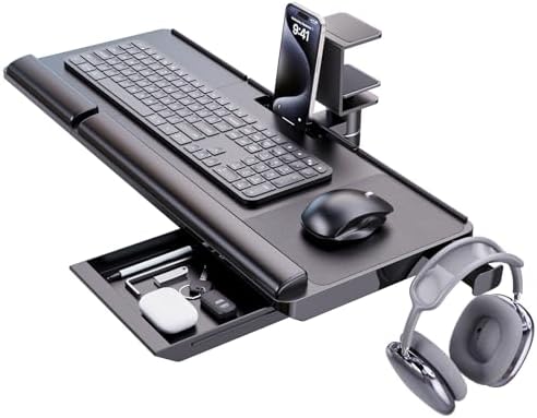 Klearlook Keyboard Tray Under Desk with 360° Rotation, Ergonomic Computer Keyboard & Mouse Tray 25"W×11.02"D Sit Stand Desk Keyboard Holder w/Wrist Rest & Storage Drawer (Height is not Adjustable)