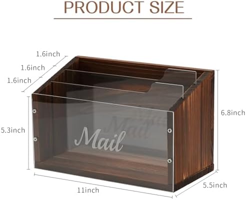 Solid Wood Mail Organizer 3 Slots with Clear Acrylic Dividers