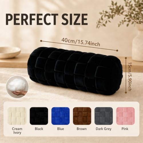 Soft Cylinder Lumbar Pillow, 15.7 x 5.9 Inch Hand-Woven Velvet Neck Roll Pillow, Polyester Fiber Filled for Neck Back Leg Relaxation, Decorative Throw for Couch Sofa Bed Office (Black)