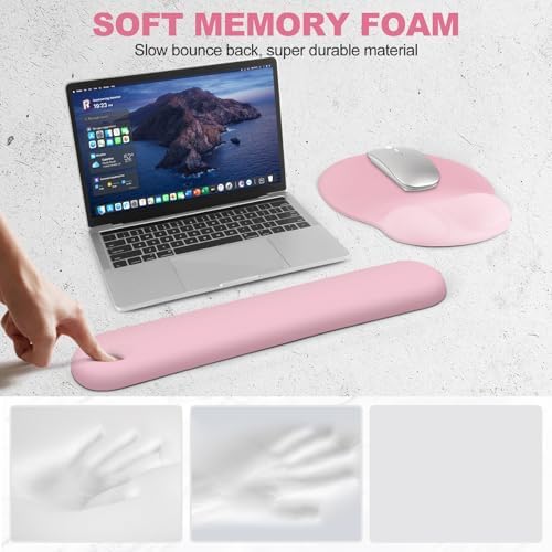 AIMSA Mouse Pad with Wrist Rest Support, Keyboard Wrist Rest Set, Ergonomic Memory Foam Mousepad for Computer Keyboard, Easy Typing and Pain Relief, Pink