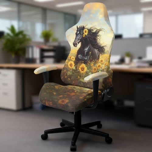 Horse Gaming Chair Cover with Armrest Cover Sunflower Game Computer Covers Cat Scratch Proof Washable Slipcover Universal Stretchable Swivel Office Desk Chair Protector 4-Piece