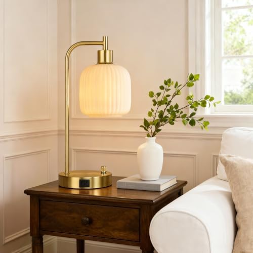 Cream Glass Table Lamps Set of 2, Dimmable Bedside Lamps for Living Room