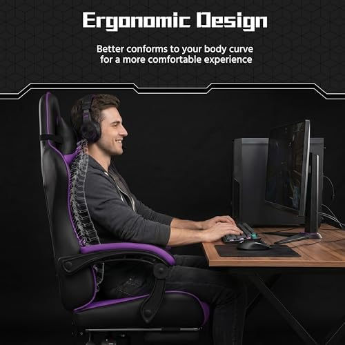 Yaheetech Gaming Chair with Footrest Massage Lumbar Pillow Black and Purple
