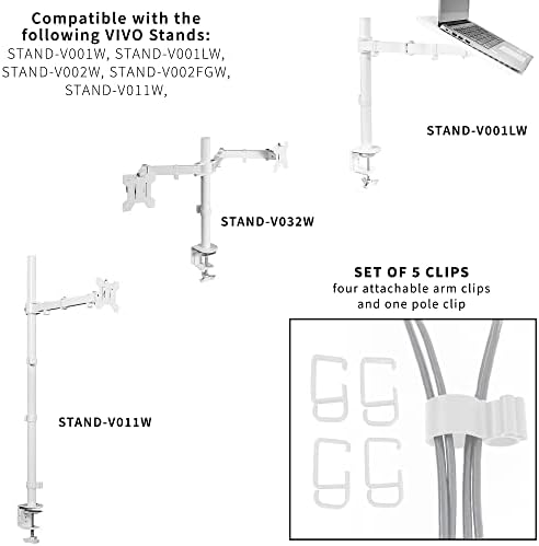 VIVO Cable Management Clips for Desk Monitor Stands, Computer Office Workstation Cord Organization Kit, 1 Pole Clip and 4 Arm Clips, Set of Monitor Mount Wire Holder Hooks, White, PT-SD-WC05CW