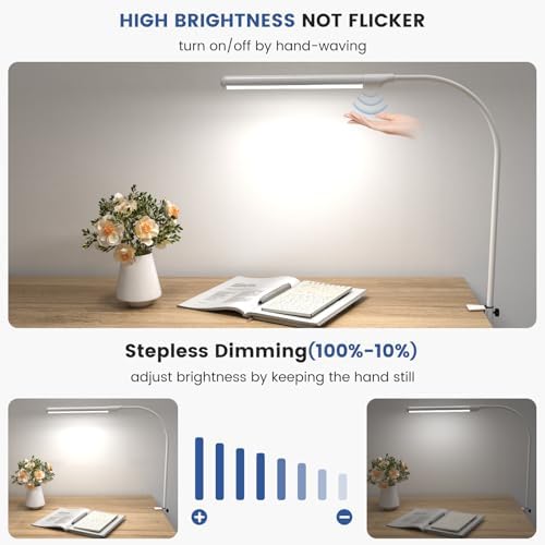 MY BEAUTY LIGHT Smart LED Desk Lamp with Clamp, Handwave Sensor Desk Light, 2700-6500K 5 Color Temperature Bright Dimmable Eye-Caring Clip on Light, Gooseneck 360° Rotatable Desk Lamps for Home Office