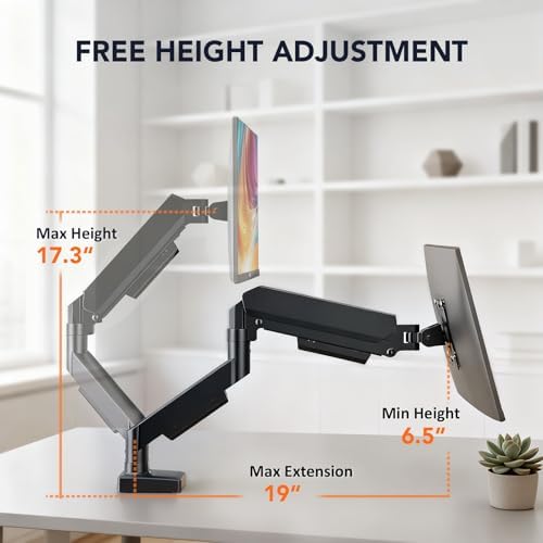 Single Monitor Mount, Gas Spring Arm for 17-32 inch Screens Adjustable Monitor Stand, Vesa Mount Stand with Clamp and Grommet Aluminum Base - Fits 4.4 to 22lbs LCD Computer Monitors HD09B-001