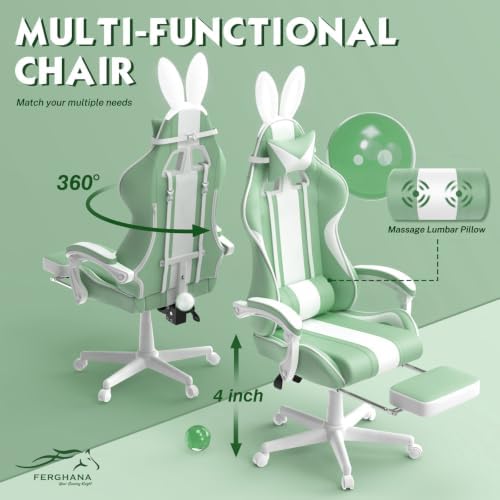 Ferghana Kawaii Grass Green Gaming Chair with Bunny Ears, Ergonomic Cute Gamer Chair with Footrest and Massage, Racing Reclining Leather Computer Game Chair 250lbs for Girls Adults Teens Kids