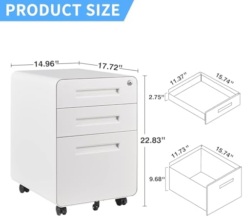 Letaya File Cabinet, 3 Drawer Filing Cabinets for Home Office with Lock Mobile Under Desk Fully Assembled Cabinet (White)