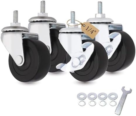 AXL 2" Caster Wheels, 1/4"-20 x 15mm Threaded Stem Casters with Brake, Standard US Coarse Thread, Quiet Rolling PVC Swivel Wheels for Furniture & Rolling Cart (4 Pack)
