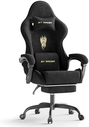 Ferghana Velvet Fabric Gaming Chair, High Back Ergonomic Gamer Chair for Adult, Comfortable Video Game Chair with Footrest and Massage Lumbar Cushion, Racing Reclining Office Computer Desk Chair Black