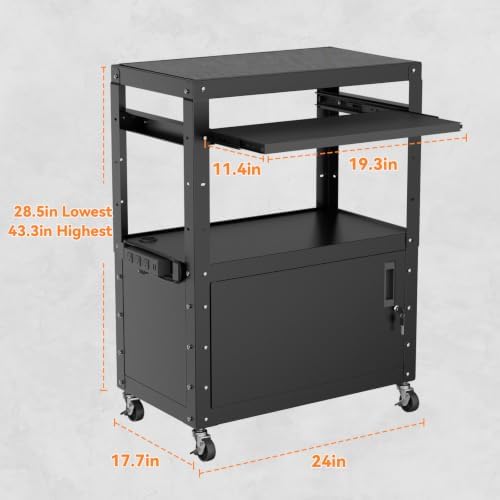 Mobile AV Cart, Adjustable Height Rolling Computer Cart with Pullout Keyboard Tray – Locking Cabinet, 3 Outlets & 2 USB Ports, Lock Brake Casters–Media Utility Cart on Wheels for Home/Office