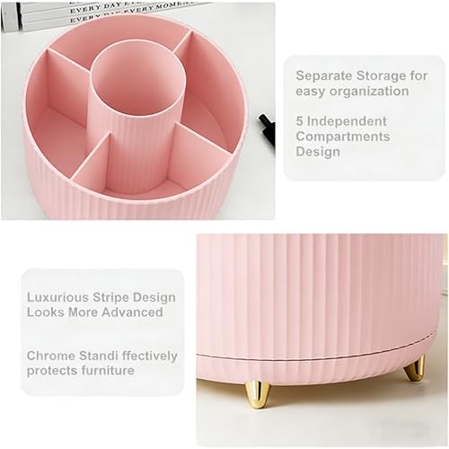 Pencil Pen Holder 5 Slots 360°Degree Rotating Pen Organizers for Desk Desktop Storage Stationery Supplies Cute Pencil Cup Pot Kids Desk Organizer for Office Home School（Pink 2）