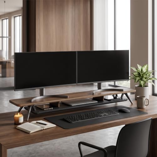 Fenge Dual Monitor Stand Riser, Wooden Desk Shelf with 2-Tier Storage