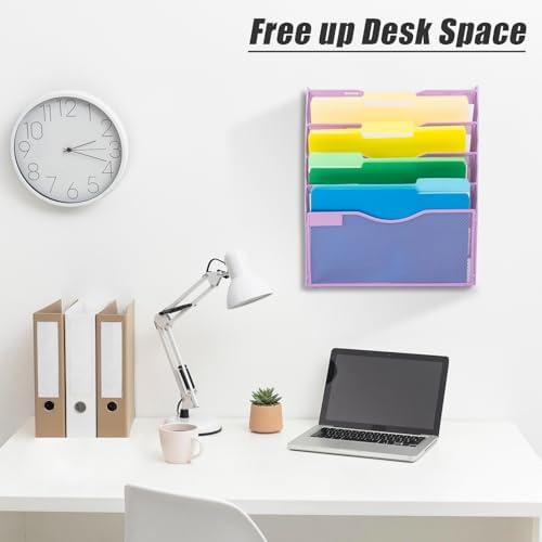EASEPRES 5 Pocket Mesh Hanging Wall File Organizer, Wall Mounted Mail Paper Document Folder Holder, Clipboard Storage Organization Magazine Rack with Nametag Label for Office Home School, Light Purple