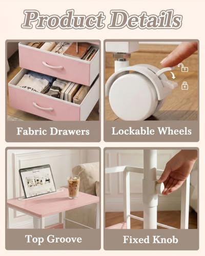 Faesun Night Stand with Charging Station & Swivel Top, Pink