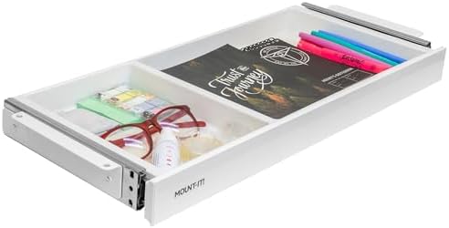 Mount-It! Under Desk Drawer Organizer with 2 Compartments, Shallow Low-Profile Slide-Out Desk Tray, 20.7″ x 8.9″ x 1.8″, Pull-Out Pencil Drawer for Traditional & Standing Desks- White