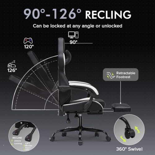 GTPLAYER Gaming Chair with Footrest, High Back Computer Chairs for Adults with Linkage Armrest Lumbar Support Heavy Duty 350lbs Ergonomic Swivel PC Game Chair for Office, White