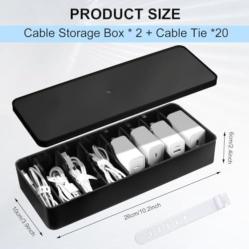 Tatuo Cord Organizer Box with Lid, Black, 2 Pack