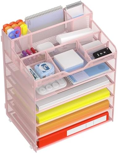 Docnest 6 Tier Mesh Desk Organizer with Letter Tray & Paper Sorter, Pink