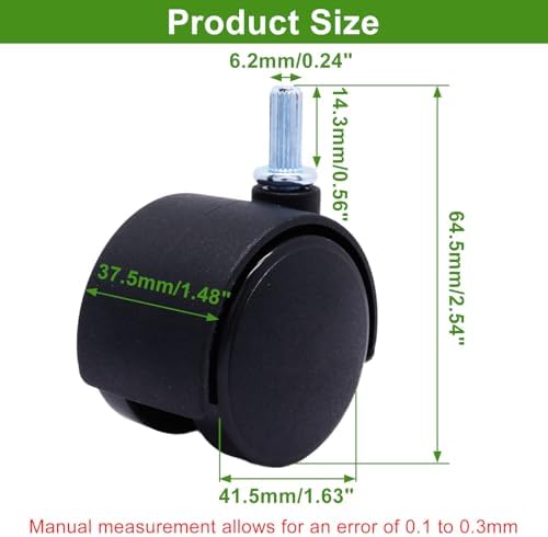 Plastic Caster Wheels 1.5 Inch, M6 Straight-Grained Rod Swivel Casters Set of 4, Black Nylon Replacement Casters Wheels for Furniture Table Cabinet Office Chair