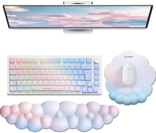 TECKNET Cloud Wrist Rest & Ergonomic Mouse Pad, Cloud Keyboard Wrist Rest with Non-Slip Base, PU Leather Memory Foam Wrist Pad for Keyboard and Mouse, Pain Relief for Typing, Gaming, Rainbow