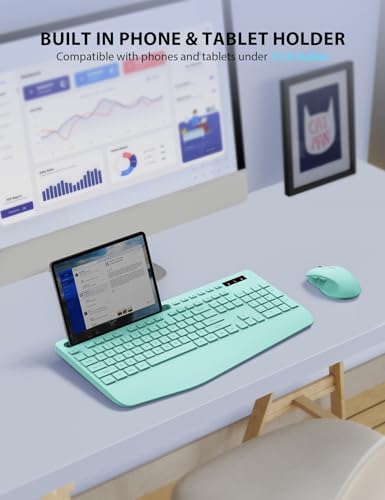 Wireless Keyboard and Mouse Combo - Full-Sized Ergonomic Keyboard with Wrist Rest, Phone Holder, Sleep Mode, Silent 2.4GHz Cordless Keyboard Mouse Combo for Computer, Laptop, PC, Mac, Windows (Green)