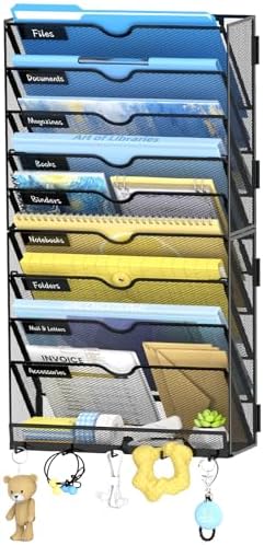 SUPEASY 10-Tier Wall File Organizer with Hooks, Wall Mounted Mail Organizer