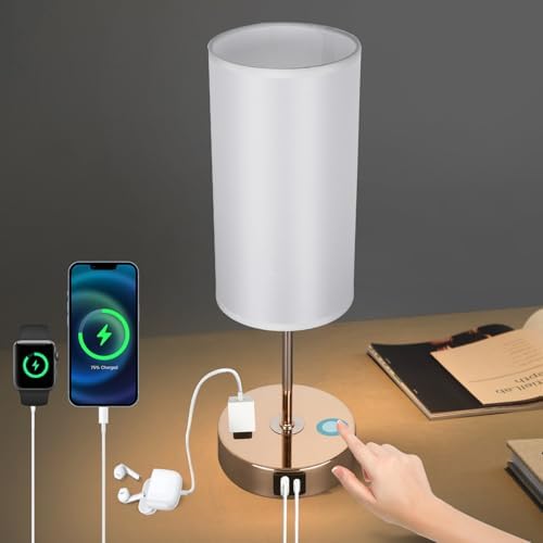Gold Table Lamp with USB Port - Touch Lamp Desk Lamp, Bedside Lamps for Bedroom, 3 Way Dimmable Small Lamps for Living Room, Dorm, Home, Office, Cute Gold Base+ White Lampshade