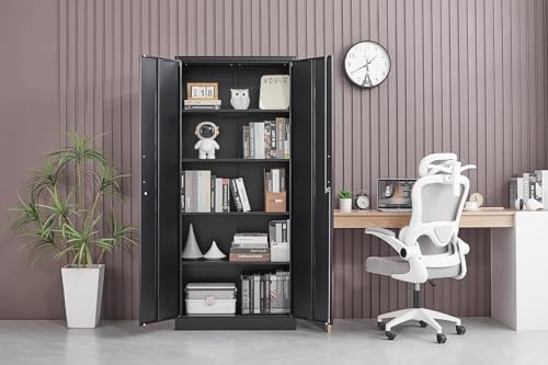 Guizeeopo Metal Storage Cabinet with Adjustable Shelves, Garage Storage Cabinets with Doors and Shelves, File Cabinets for Home Office, Kitchen Pantry Cabinet, 71'H, Black
