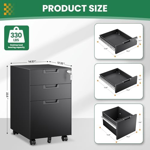 3-Drawer File Cabinet with Lock, Under Desk Rolling Filing Cabinet for Legal/Letter/A4 File Folder, Printer Stand, Metal Storage Cabinet on Wheels for Home Office(Fully Assembled，Black)