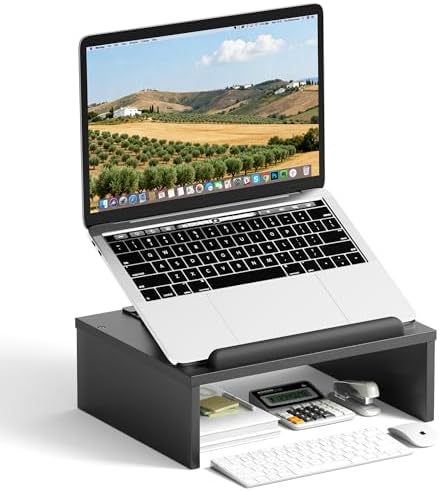 AFOOYO Adjustable Wood Laptop Stand with Storage Space - Notebook Organizer & Ergonomic Computer Riser, Wrist Rest Included, Compatible with 9.8-15'' Laptops (MacBook Air Pro/HP/Dell/Lenovo),Black