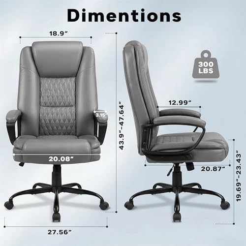 Executive Office Chair, Ergonomic High Back Desk Chair with Lumbar Support, Adjustable Big and Tall Computer Chair, 360° Swivel, PU Leather, Grey