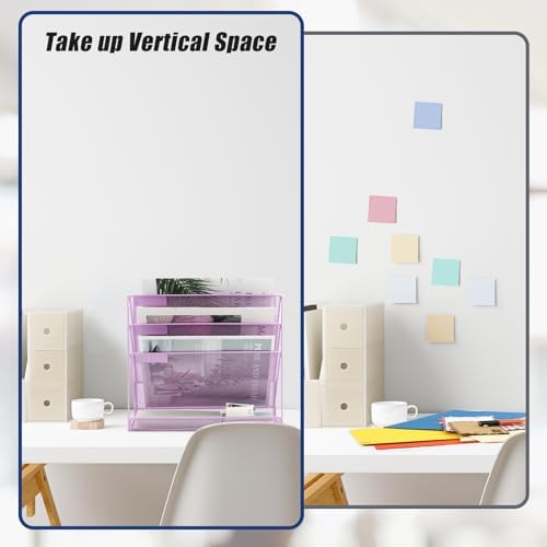 EASEPRES Desk File Organizer Mesh 4-Tier, Hanging Wall Mount Document Organization Stand, Desktop Vertical Mail Paper Folder Holder Rack with Bottom Tray for Office Home Cubicle, Light Purple