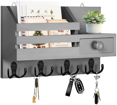 Key Holder Wall Mount, Wooden Key and Mail Organizer, Gray