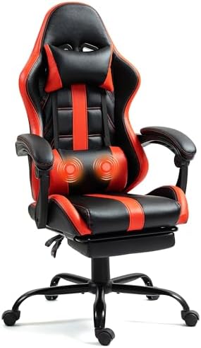 Gaming Chair with Ergonomic Footrest & Massage Lumbar Support, Red