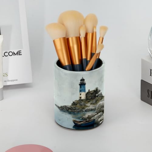 Leather Pen Holder for Desk, Coastal Lighthouse Pencil Cup Pen Organizer Makeup Brush Holder for Office Home Kids Countertop Desk Accessory Storage