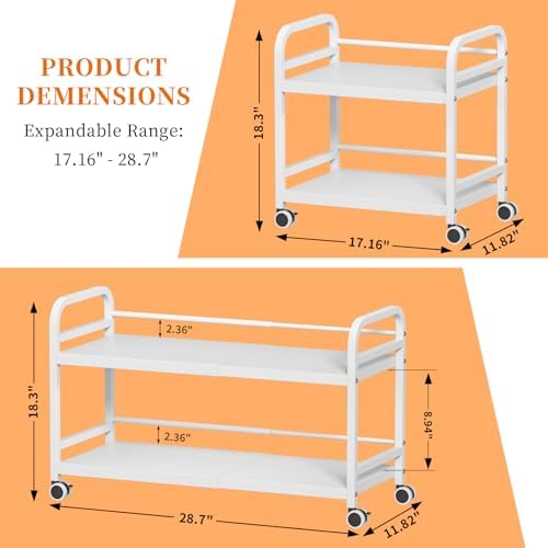 2-Tier Expandable Rolling Cart, Pantry Storage Cart with Wheels, Adjustable Rolling Pantry Floor Organizer, Metal Under Desk Cart, Sturdy Can Storage & Snack Organizer for Kitchen Pantry, White
