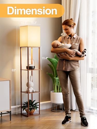 Floor Lamp with Shelves for Living Room Walnut Brown, Shelf Floor Lamp with 3 CCT LED Bulb, Corner Display Standing Column Lamp Etagere Organizer Tower Nightstand with White Linen Shade for Bedroom