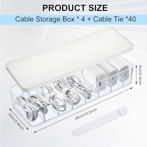 Tatuo Cord Organizer Box with Lid, Clear, White, 4 Pack