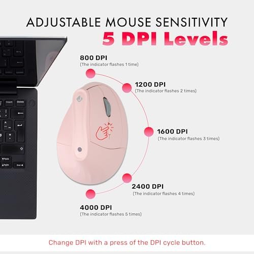 J-Tech Digital Wireless Mouse, Vertical Ergonomic Mouse with 2.4G Wireless & Bluetooth for 3 Multi-Device Function, Adjustable DPI Modes, Compatible with PC, Mac, Laptop - Pink