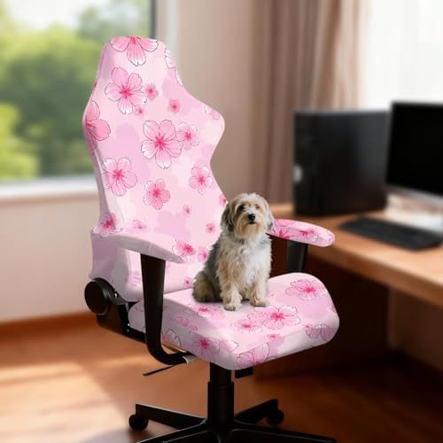 Cherry Blossom Print Gaming Chair Cover with Armrest Covers Stretchable 4 Piece Furniture Protector Washable Non Slip Computer Chair Slipcover