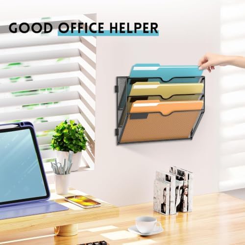 SUPEASY 3 Tier Wall File Organizer, Hanging Wall Mounted Mail Organizer with Label Slots, Metal Mesh File Holder Magazine Rack for Office, Home, School or Classroom, Black