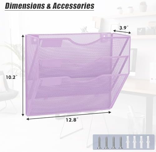 EASEPRES 3 Pocket Mesh Hanging Wall File Organizer, Wall Mounted Mail Paper Document Folder Holder, Clipboard Storage Organization Magazine Rack with Nametag Label for Office Home School, Light Purple