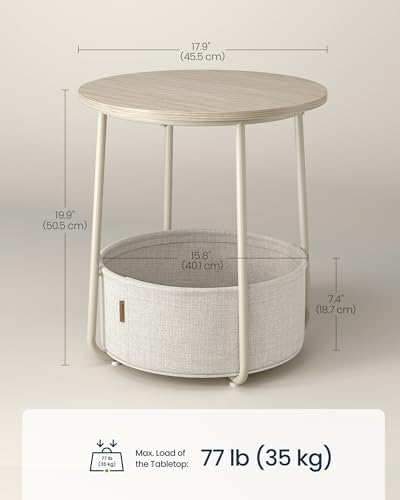 SONGMICS HOME Small Side Table, Round End Table, 2 Tier Nightstand with Basket, U Shaped Steel Legs, Easy Assembly, for Living Room, Bedroom, Beige and White