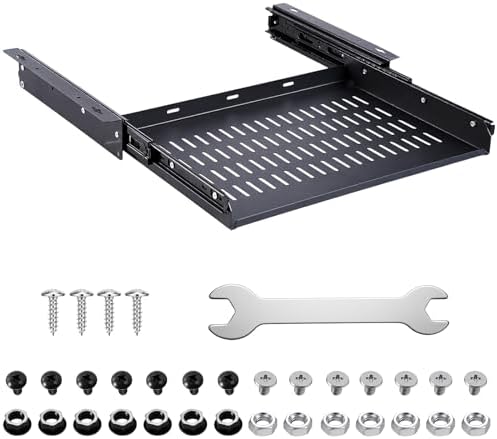 Sliding Under Desk Laptop Mount Shelf with Air Vents 16.3" W x 12" D Metal Under Desk Slide Out Tray Laptop Storage Tray for Home Office Standing Desks Workstations Cabinet Gaming