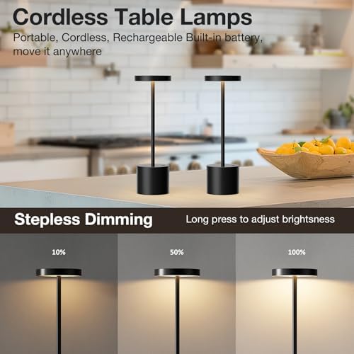 Cordless Rechargeable Table Lamp, 4000mAh Battery Operated, Black, 2 Pack